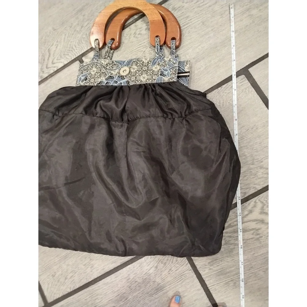Batik Floral Tote‎ Bag Wooden Handle Blue Brown Boho Handbag